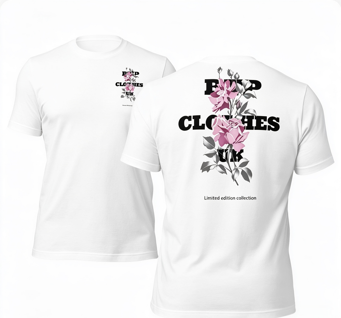 BTP rose white t-shirt with pink rose graphic front and back view