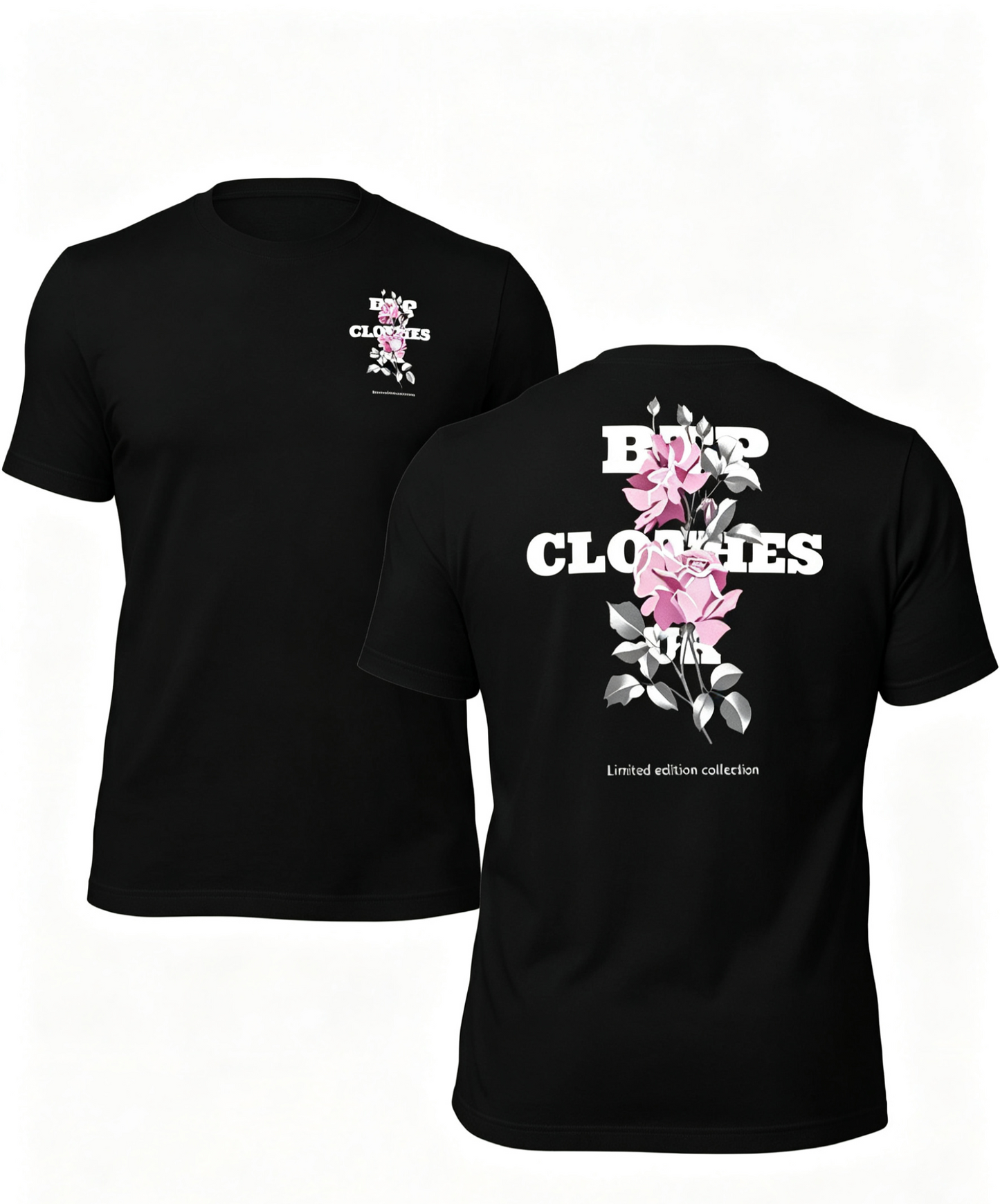 BTP rose black t-shirt with pink rose graphic front and back view