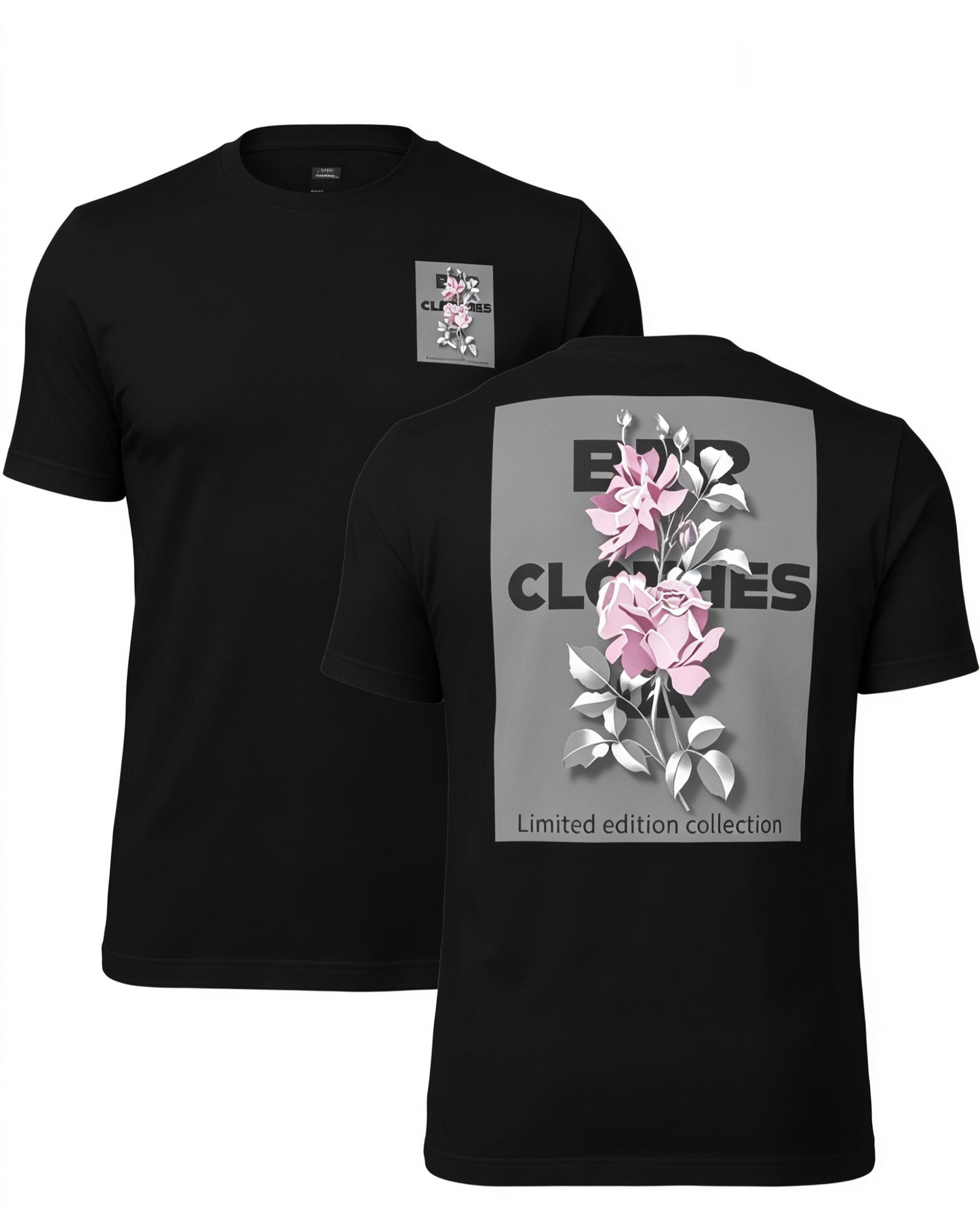 BTP rose black and grey t-shirt with pink rose graphic front and back view
