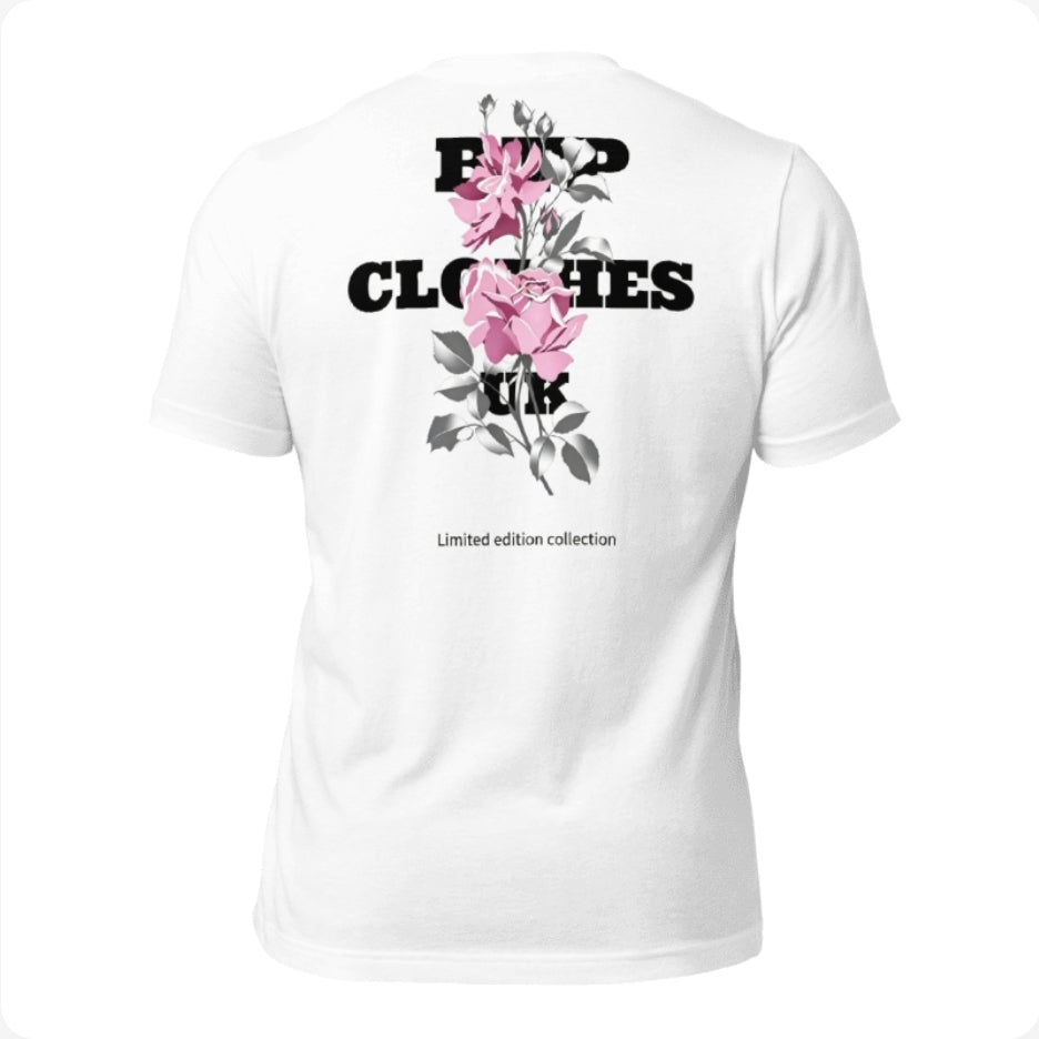 BTP rose white t-shirt with  pink rose graphic back view