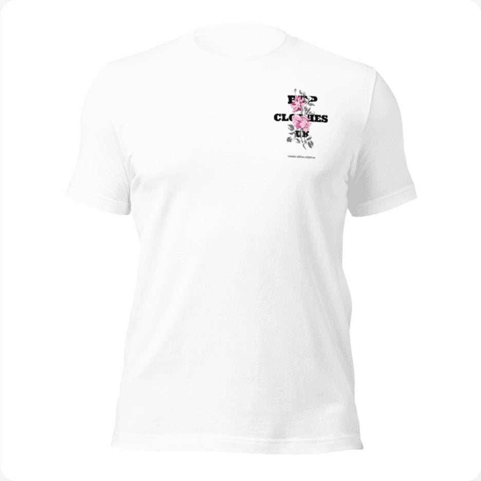 BTP rose white t-shirt with pink rose graphic front view