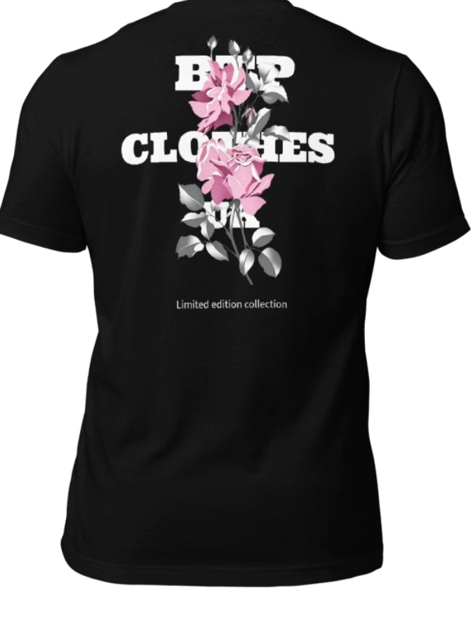 BTP rose black t-shirt with pink rose graphic back view