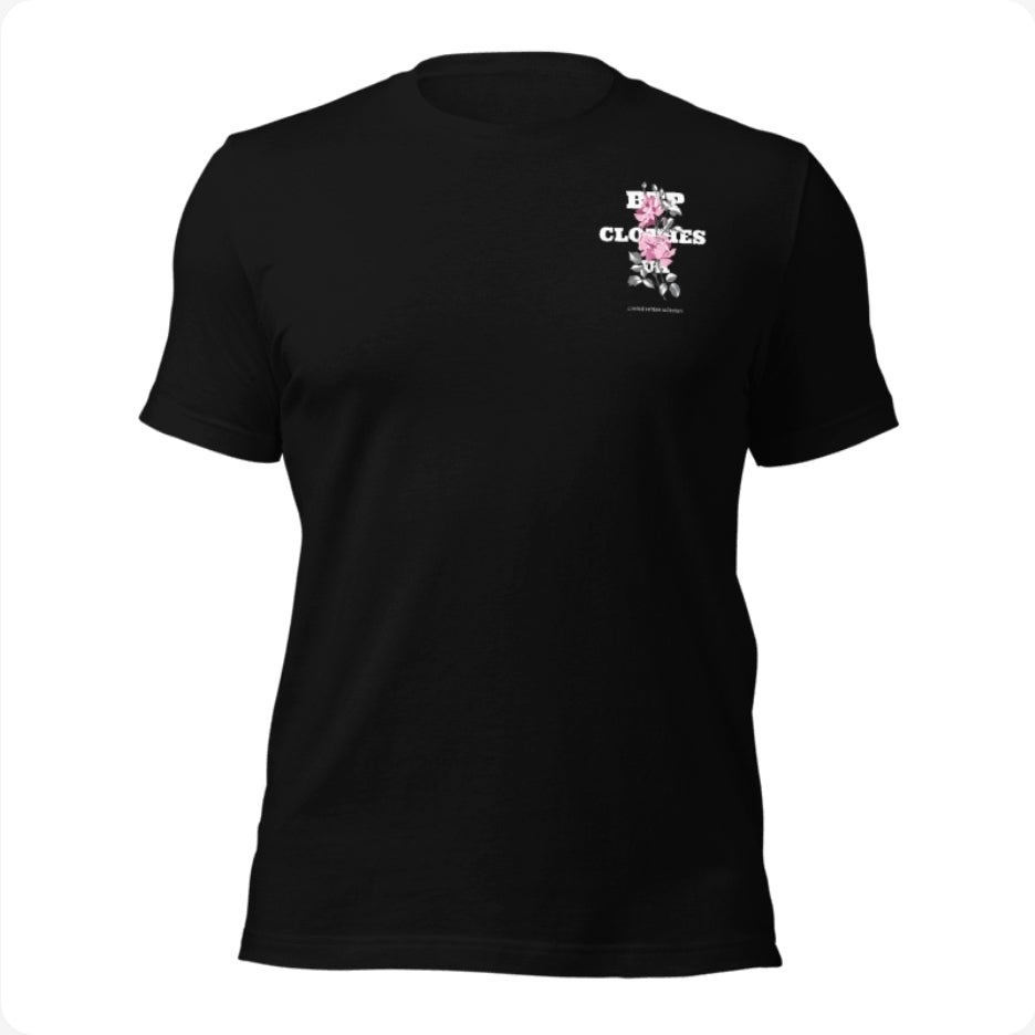 BTP rose Black t-shirt with pink rose graphic front view