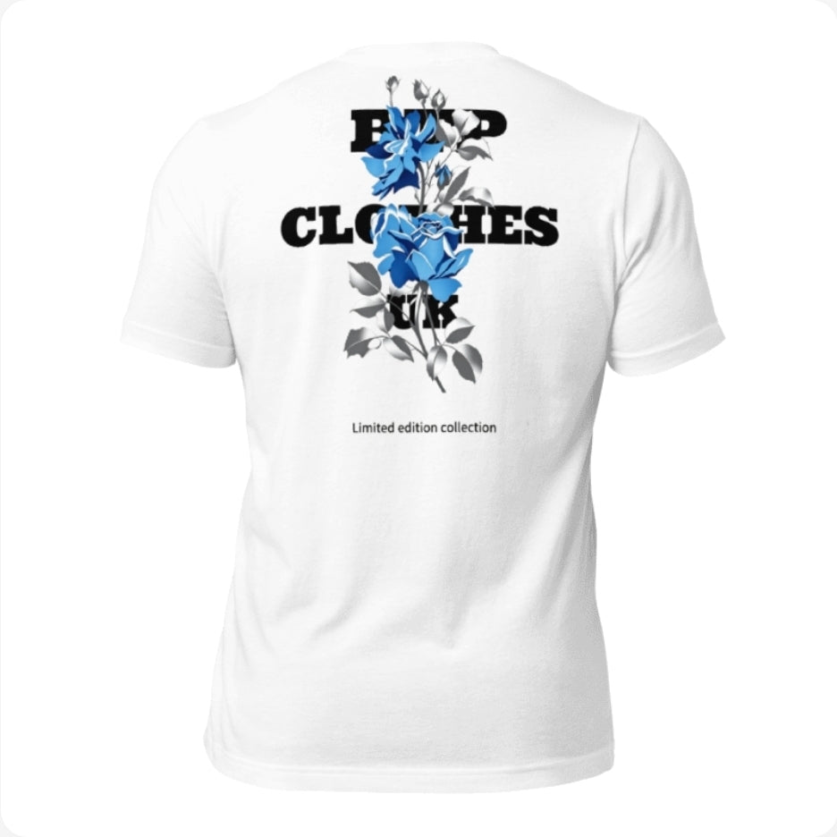 BTP rose white t-shirt with blue rose graphic back view