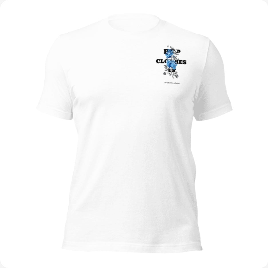 BTP rose white t-shirt with blue rose graphic front view