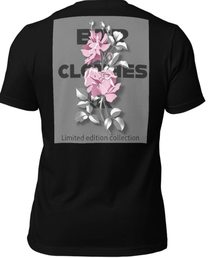 BTP rose black and grey t-shirt with pink rose graphic back view