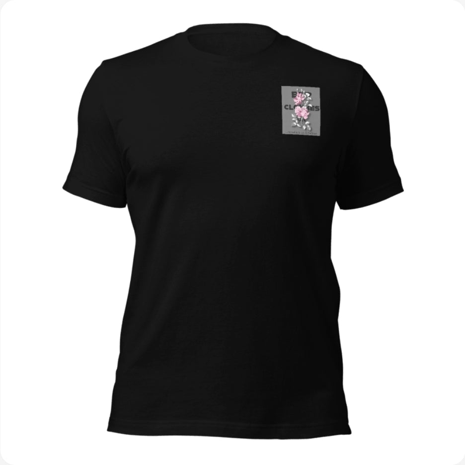 BTP rose black and grey t-shirt with pink rose graphic front view