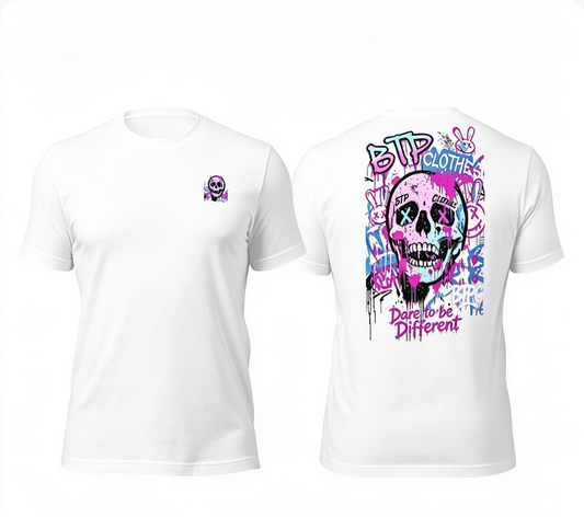 BTP Mad Skull white t-shirt mockup front and back view