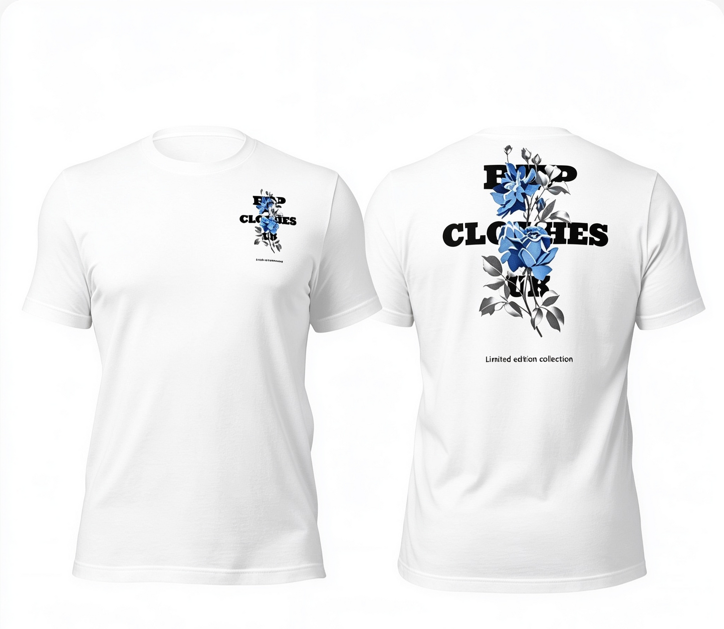 BTP rose white t-shirt with blue rose graphic front and back view